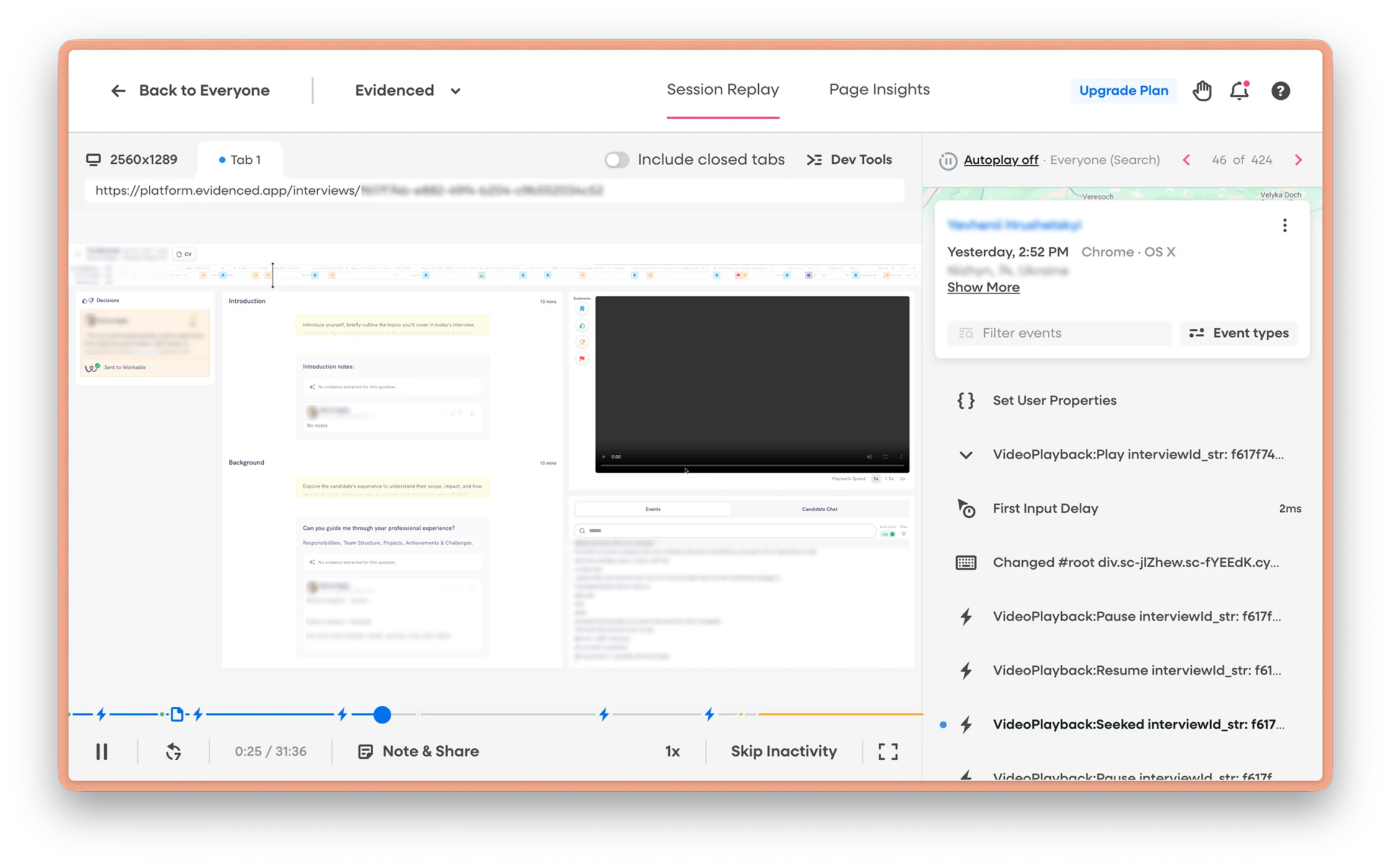 Reviewing recorded FullStory sessions of real interviewers using the live interface