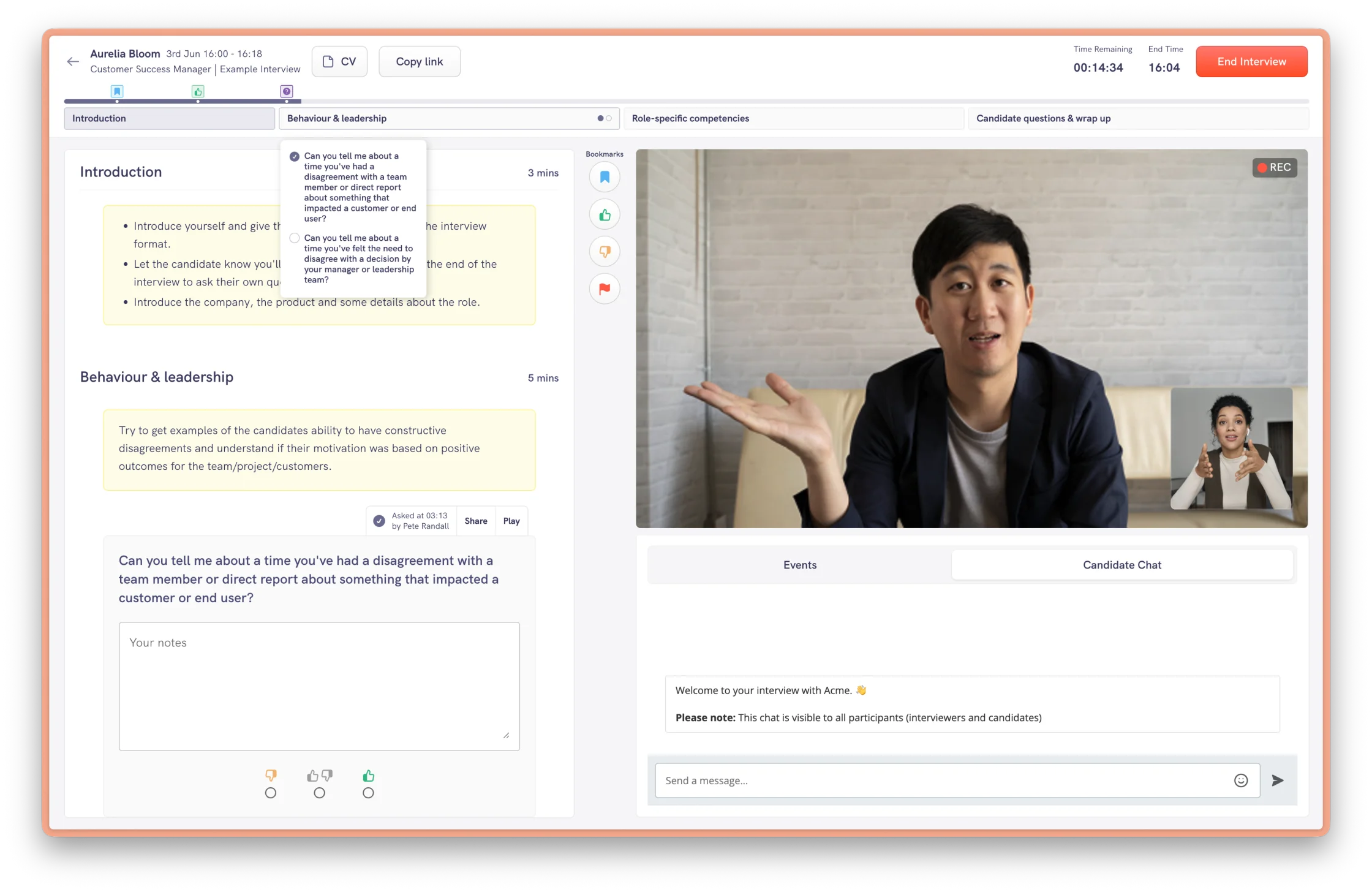 Live interview state: countdown showing time remaining and overrun, per-question notes, quick bookmarks landing on the timeline, and a transcript hidden by default so it doesn't pull focus