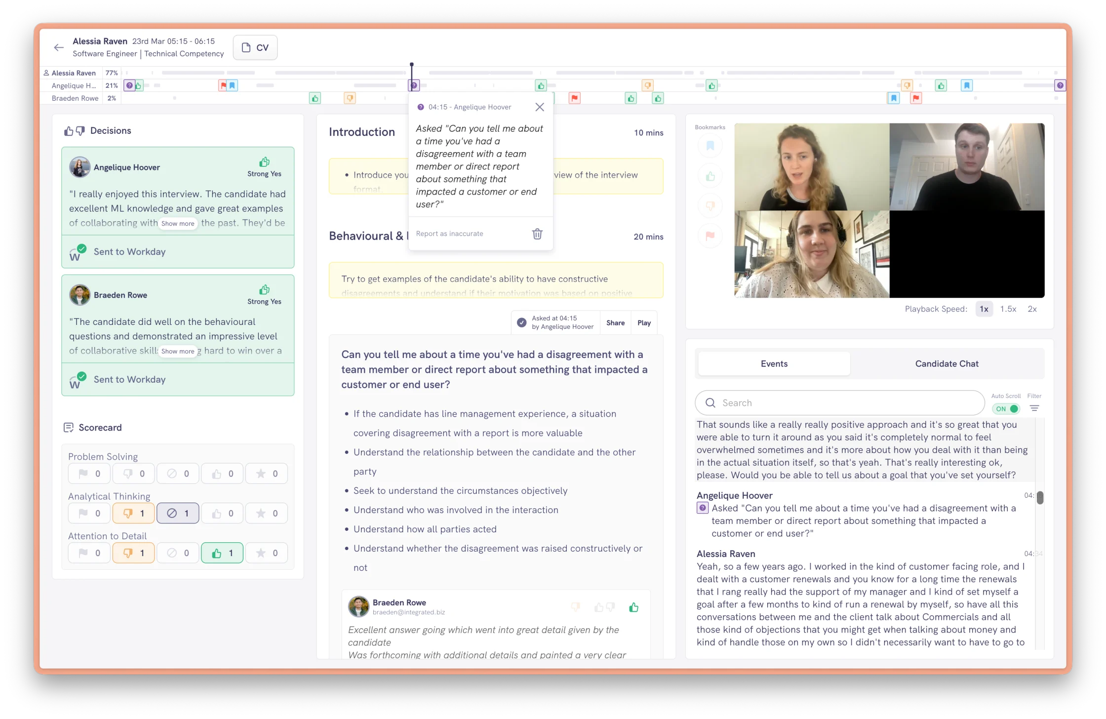 Post-interview state: AI-extracted key information per question, a navigable recording synced to transcript and timeline, and gated decisions