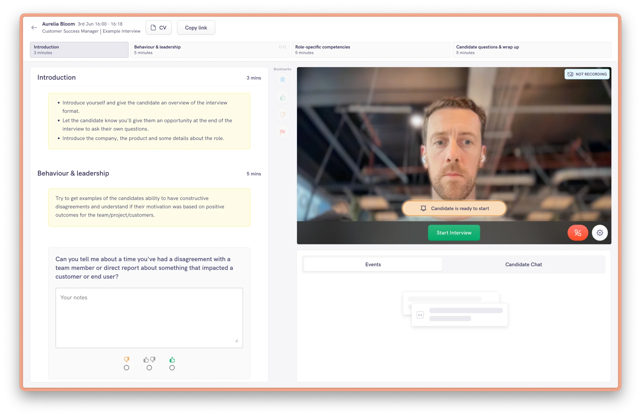 Pre-interview state: interview structure across the top, participant list, candidate waiting room, and interviewer side-channel