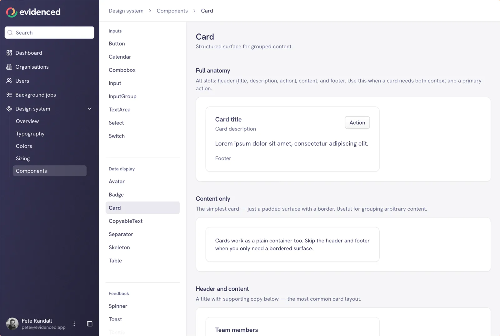 Evidenced component library in Figma, mirroring the components in code