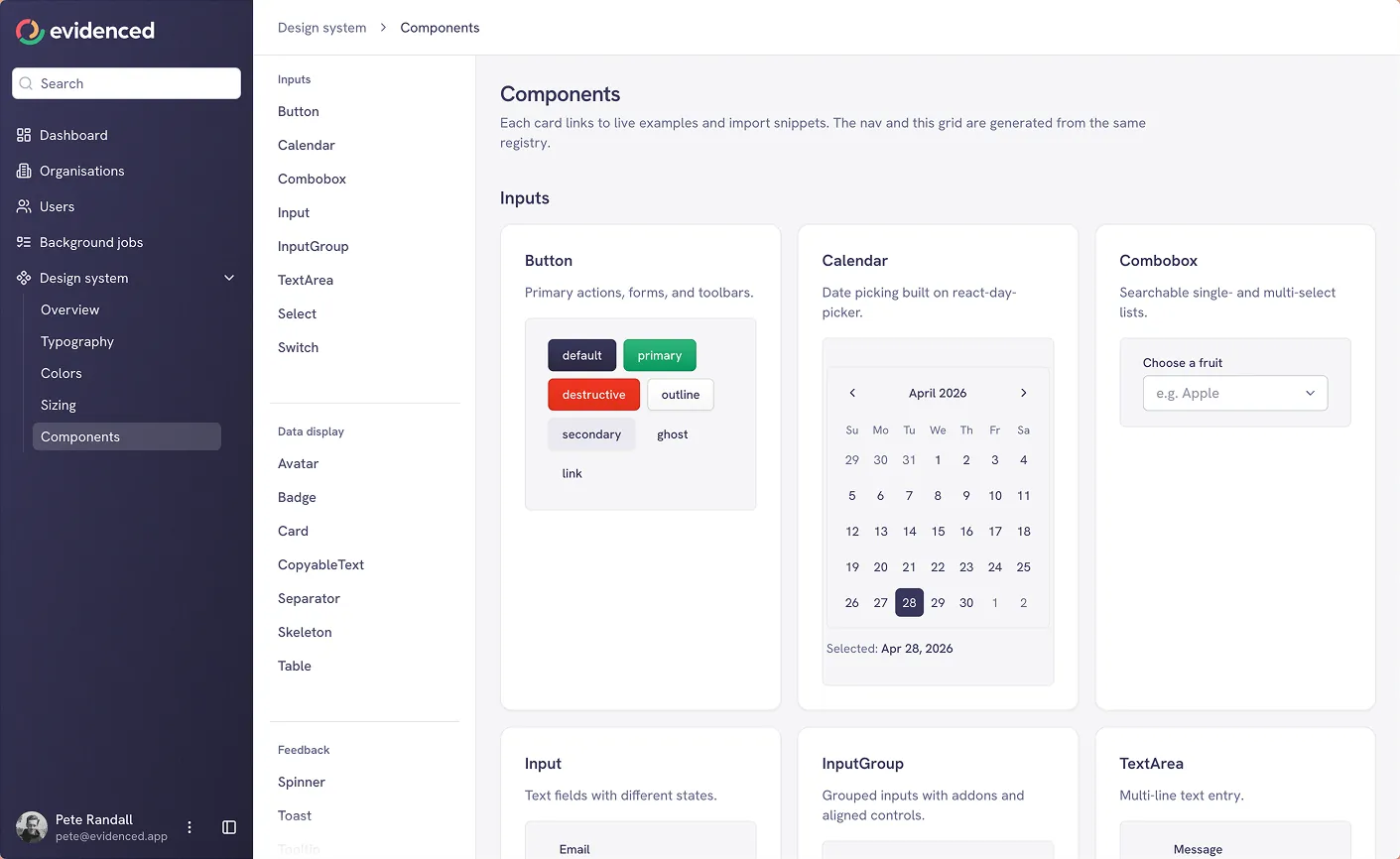 Evidenced product UI built on the design system